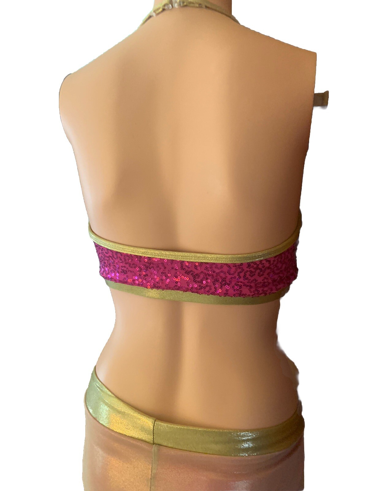 DANCE Med Contemporary Lyrical 2 Pc Mesh Pants sequin bra, top, gold, fuchsia