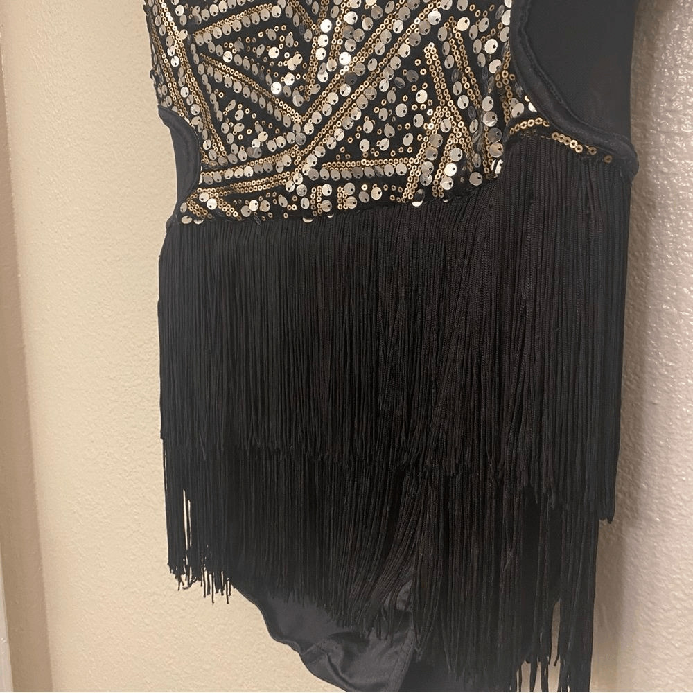 WEISSMAN Dance Costume flapper fringe Plain Fancy 13567 black gold MA adult