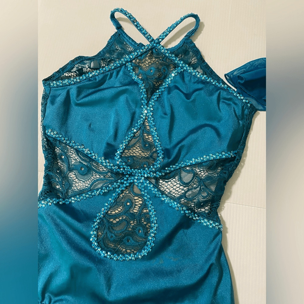 Custom solo Dance Costume teal aqua blue rhinestone Leotard SA-Small adult