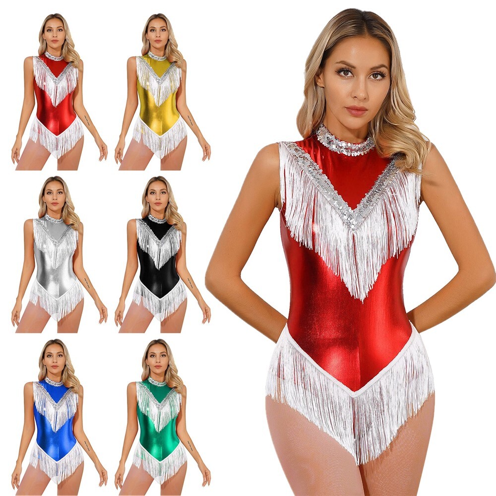 Womens Leotard Glossy Latin Dance Costume Glitter Bodysuit Invisible Zipper