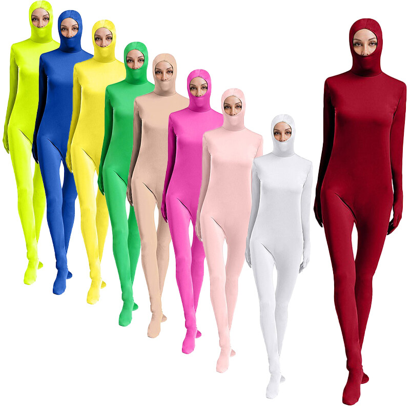 Unisex Women Men Leotard Party Bodysuit Bodycon Jumpsuit Stretch Hooded Suit