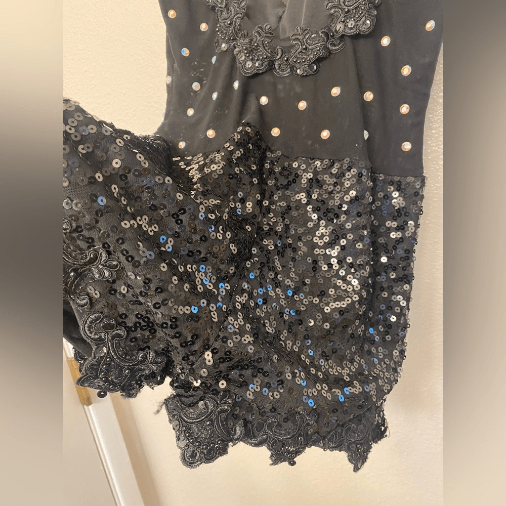 Glamour solo dance costume black mesh biketard bling bedazzled MA adult