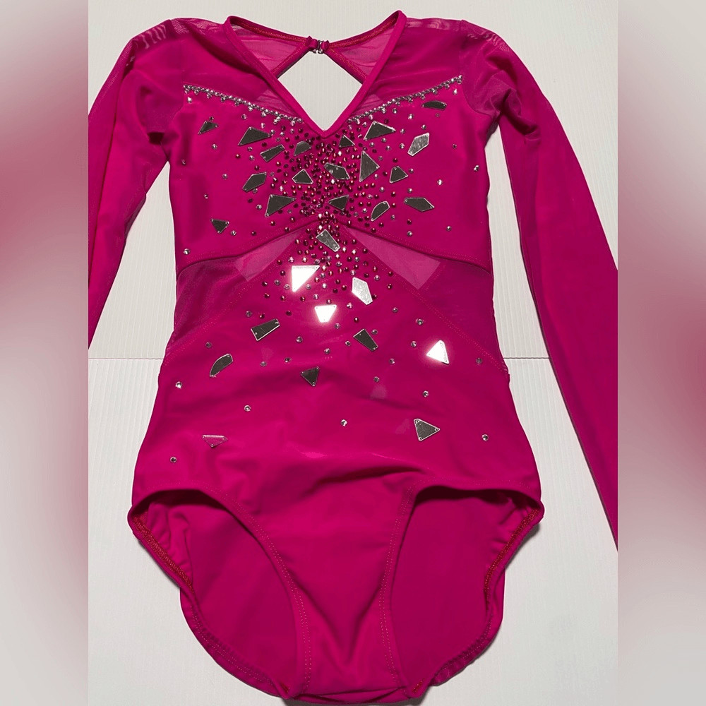 Custom made solo dance costume hot pink rhinestone long sleeve leotard XSA adult