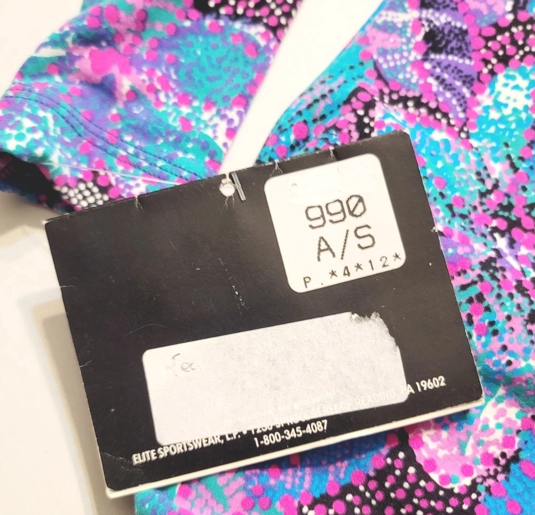GK Elite VTG Vibrant Blue Pink Botanical Cotton LS Leotard Bodysuit AS Adult S