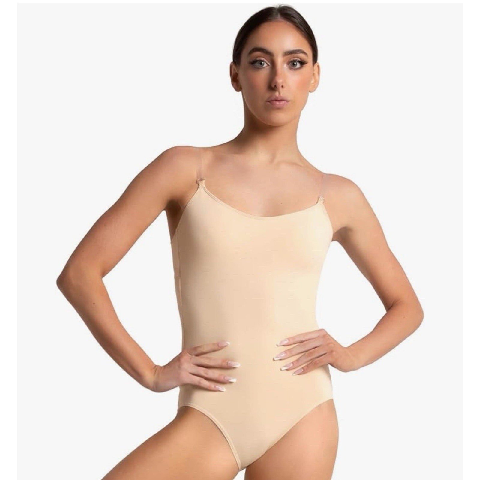 Capezio Womens Camisole Leotard With Clear Transition Straps Nude- Small *READ..