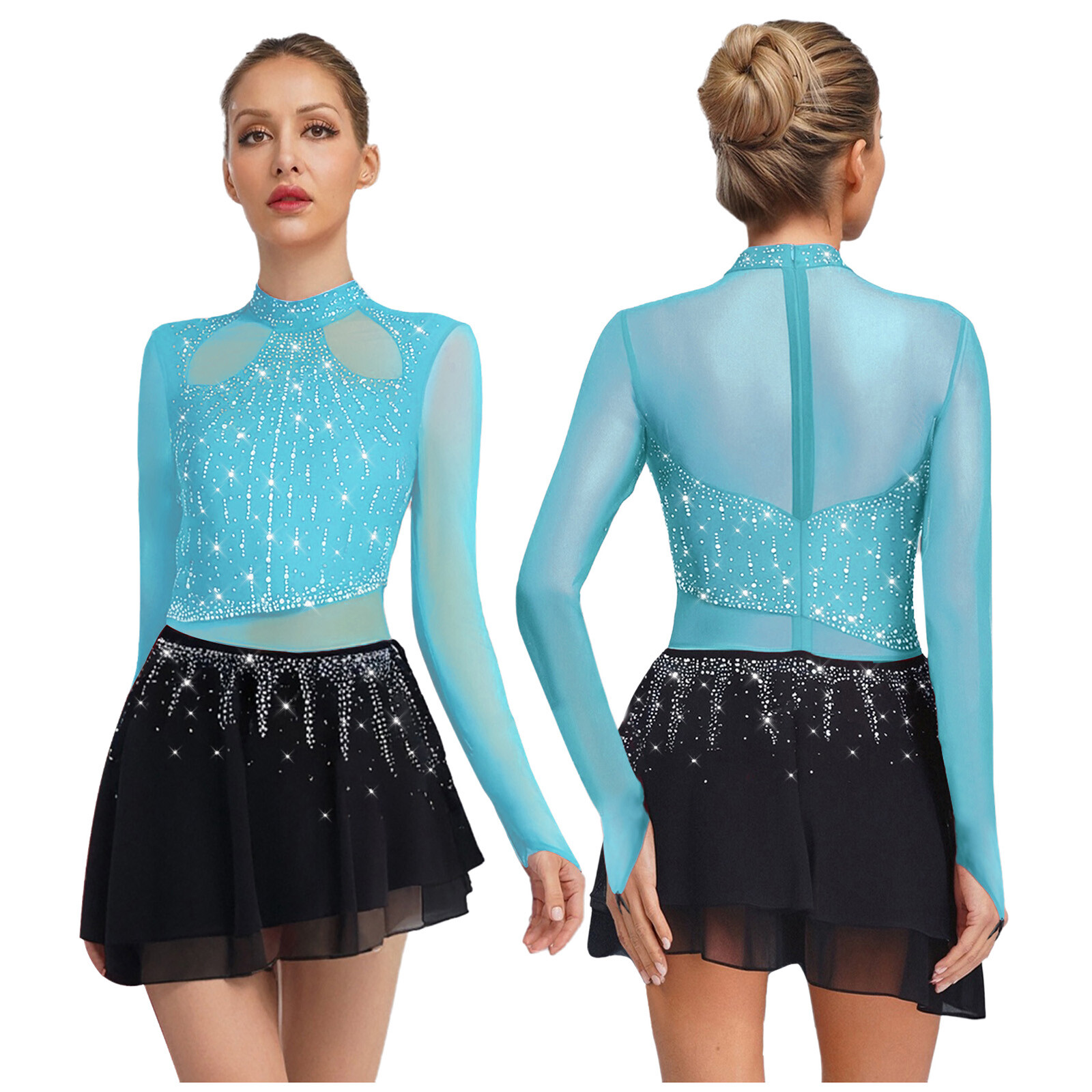 Womens Chiffon Lyrcial Dance Leotard Rhinestone Modern Figure Skating Bodysuit