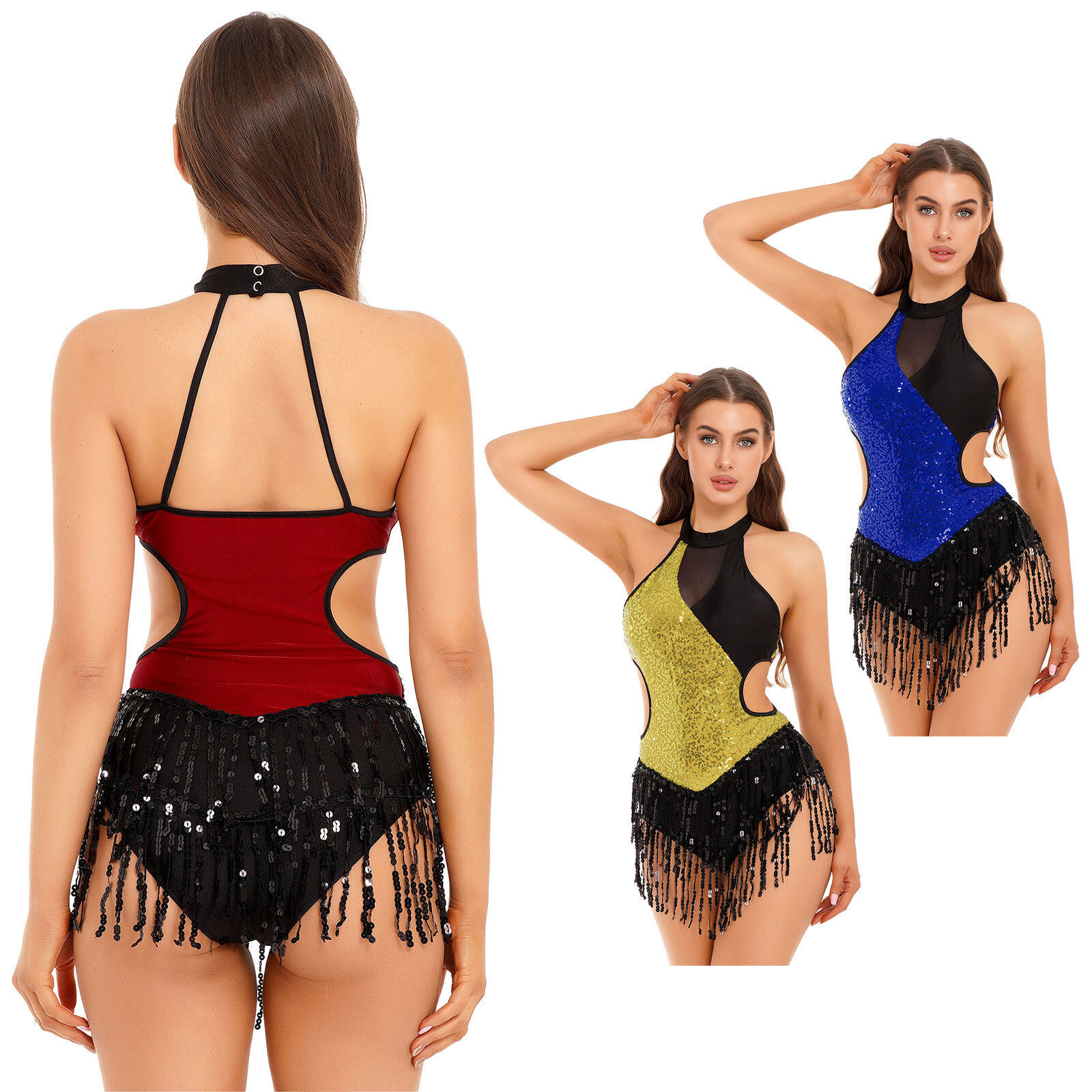 Women Shiny Sequins Fringed Latin Jazz Dance Leotard Bodysuit Lyrical Dancewear
