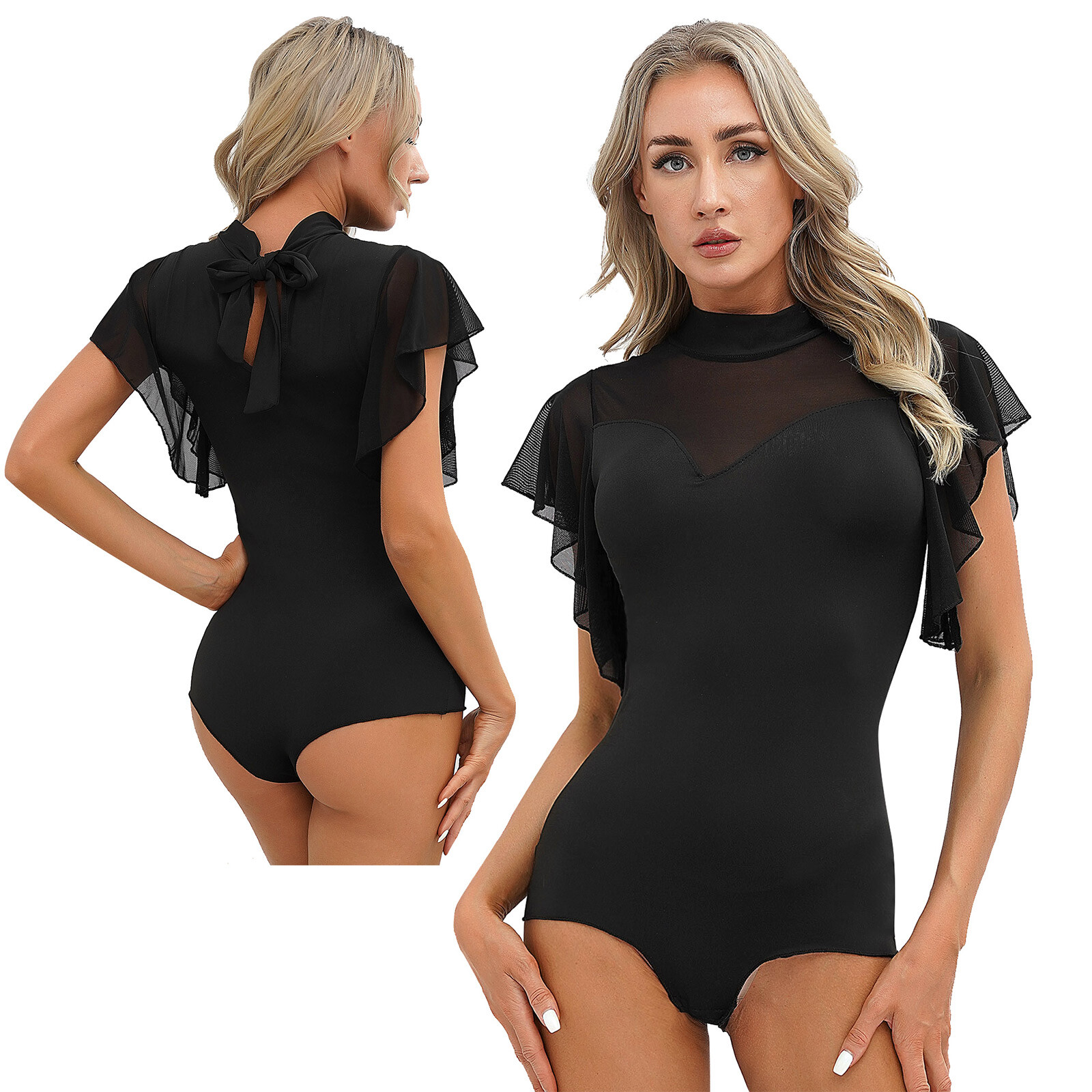 Womens Modern Latin Dance Bodysuit Ruffle Mesh Rumba Chacha Leotard Dancewear