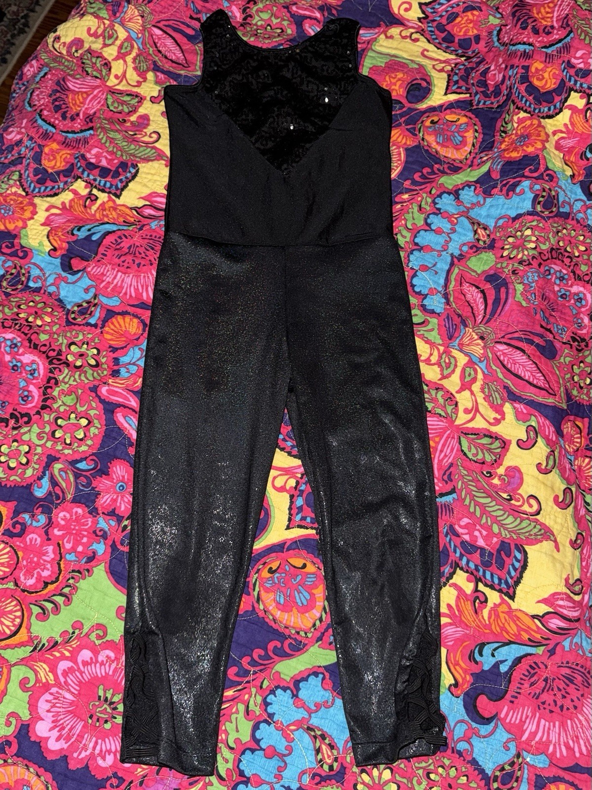 Revolution Dance Costume Girls Medium Black Sequin Mesh Unitard Bodysuit RC19769