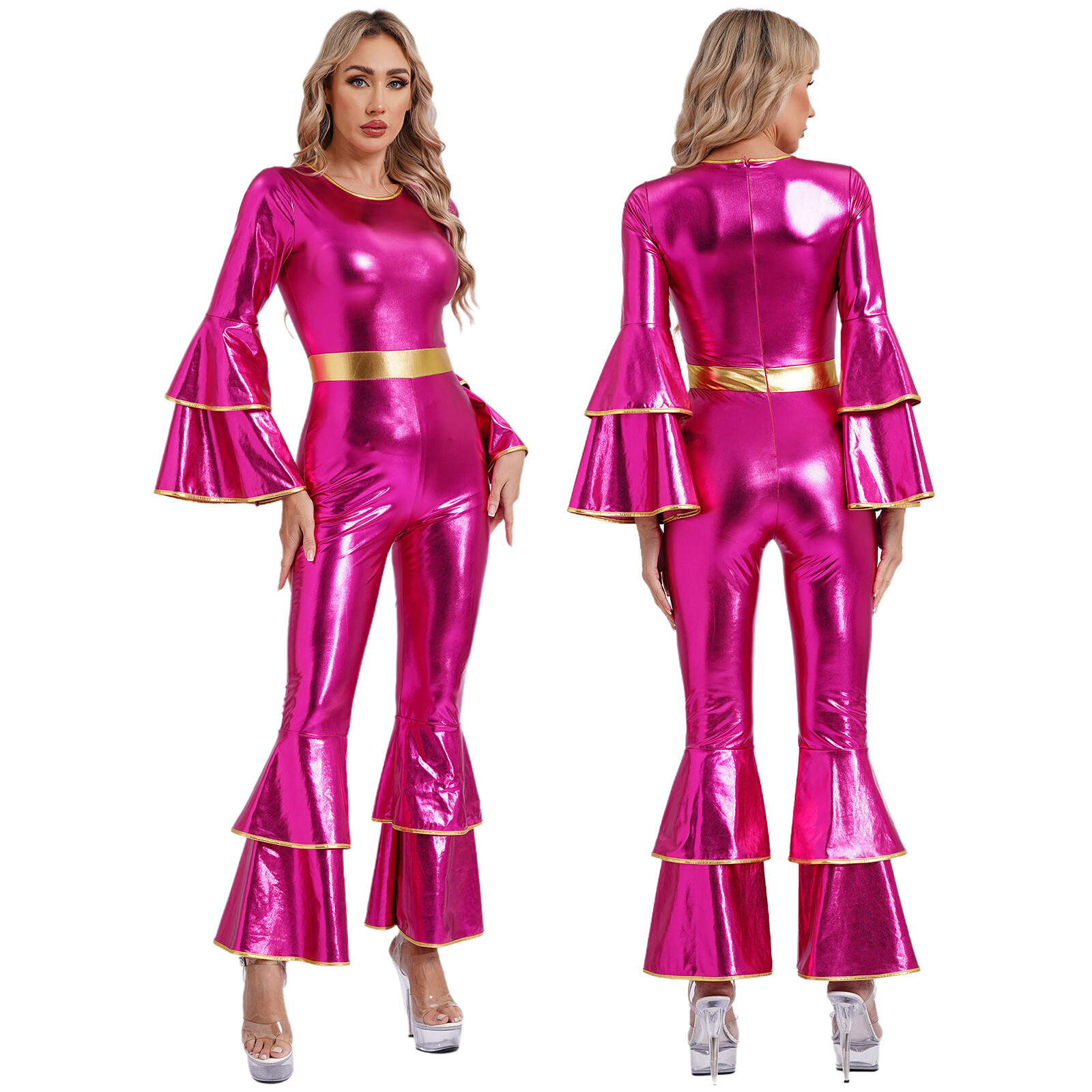 US YiZYiF Women Retro 70s Disco Costume Shiny Flares Long Sleeve Romper Clubwear
