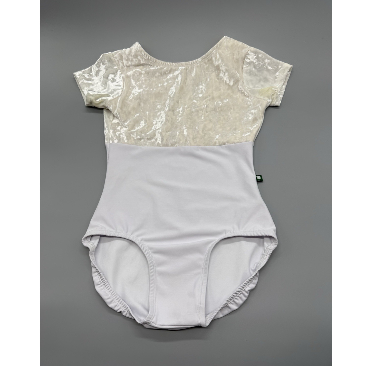Luckyleo Dancewear Women’s Short Sleeve White Velvet Accent Leotard