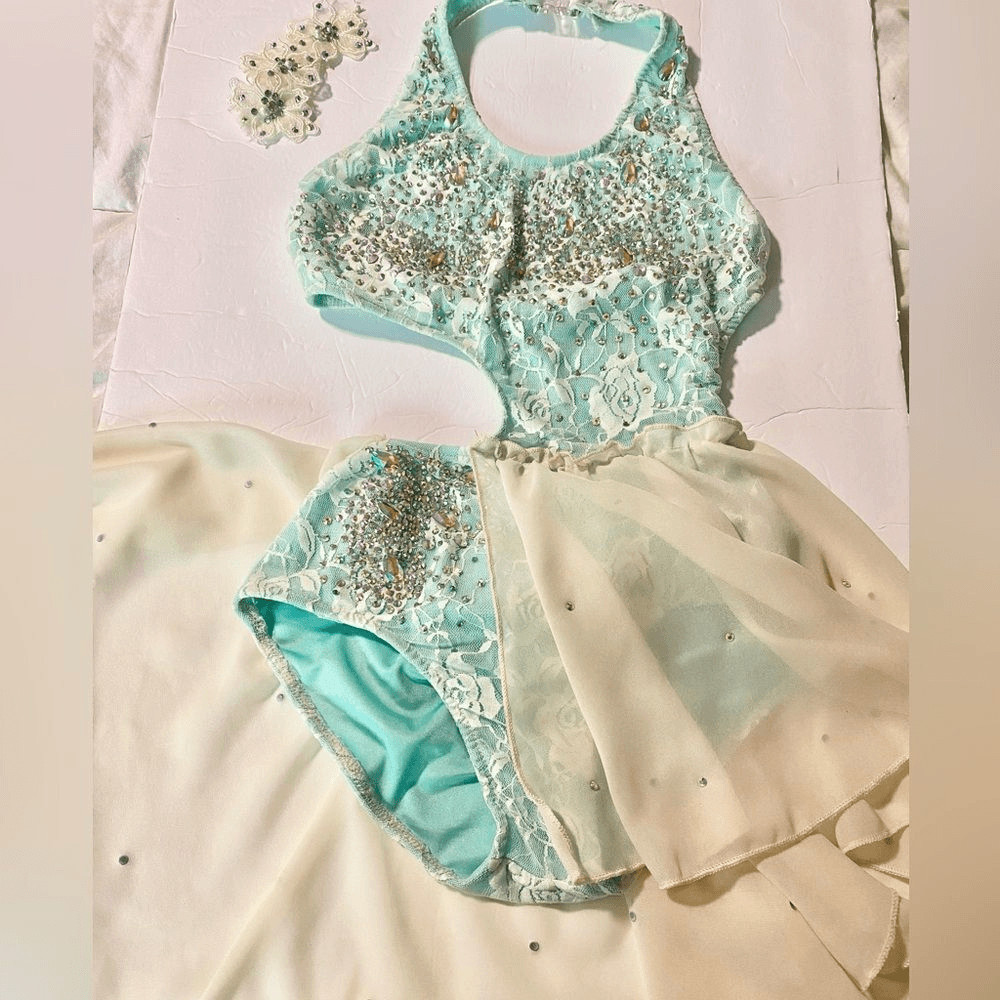 Glamour solo dance costume aqua blue lyrical embellished lace dress XLC SA