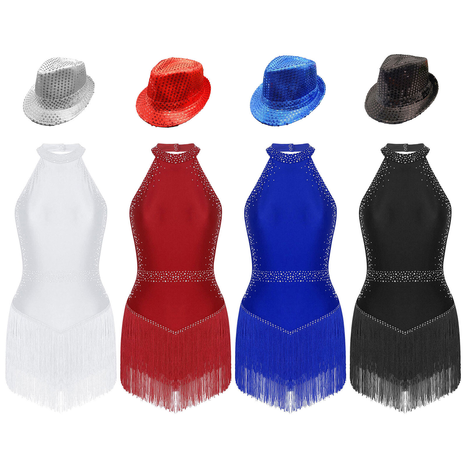 Womens Leotard With Hat Dress Ballroom Dancewear Gymnastics Costume Fringe Set