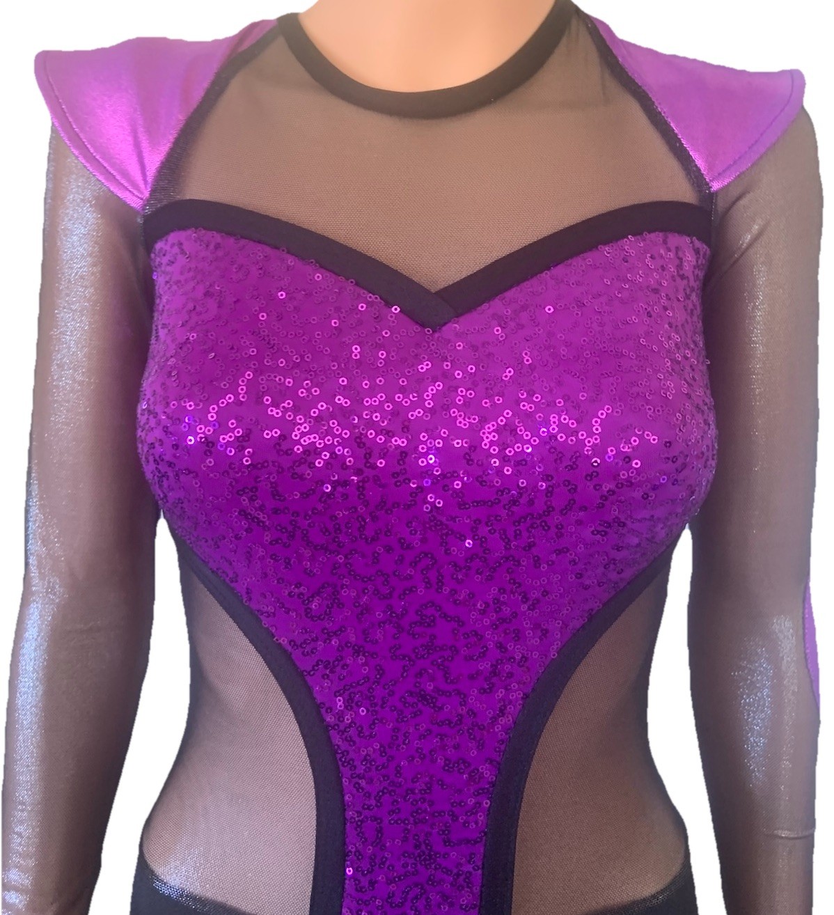 Small contemporary, solo, unitard, The Lineup Purple/black Mesh Sleeves Sides