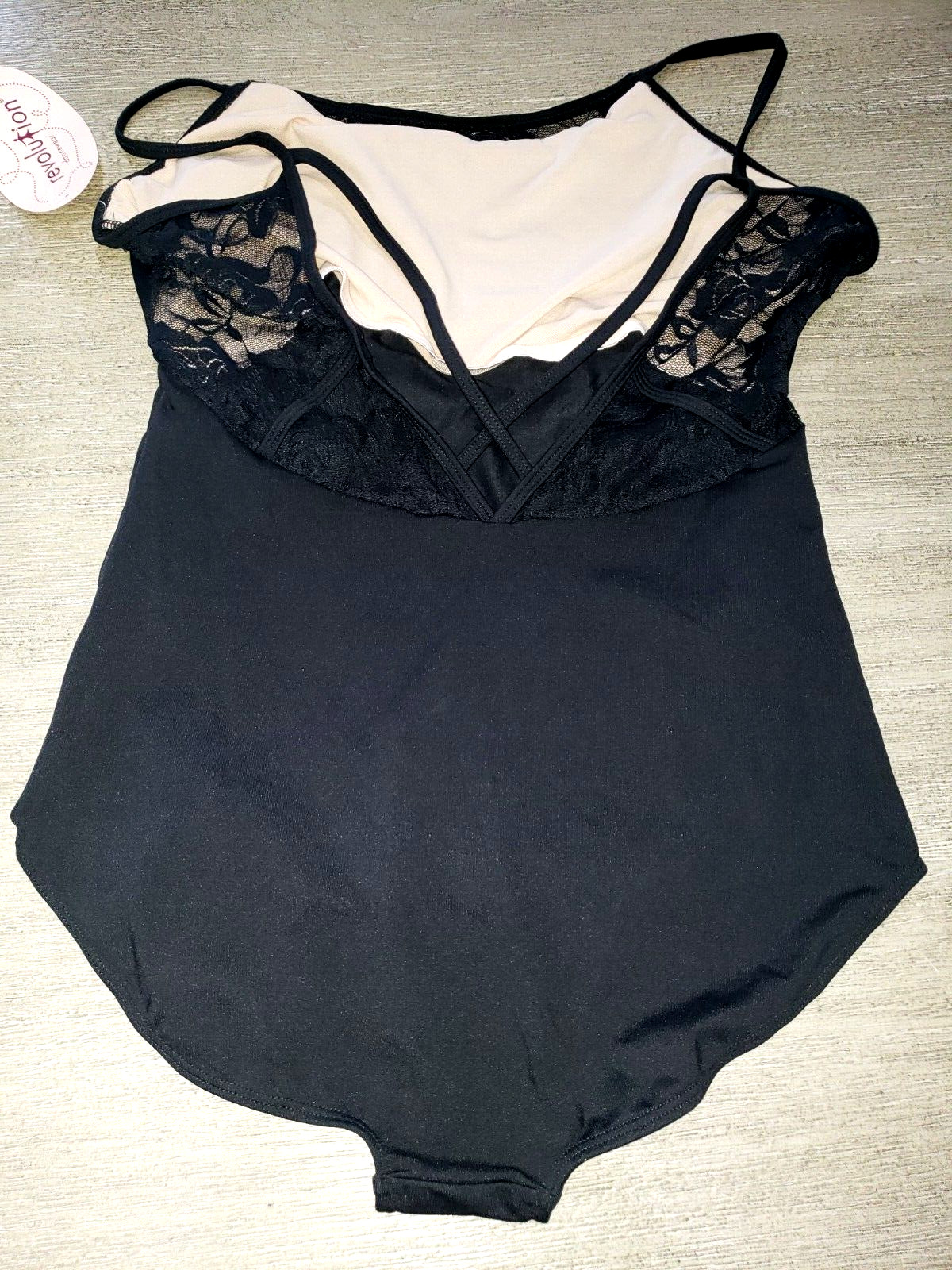 REVOLUTION WOMENS NEW NWT DANCE LEOTARD solid black FANCY LACE ON EDGES NICE!