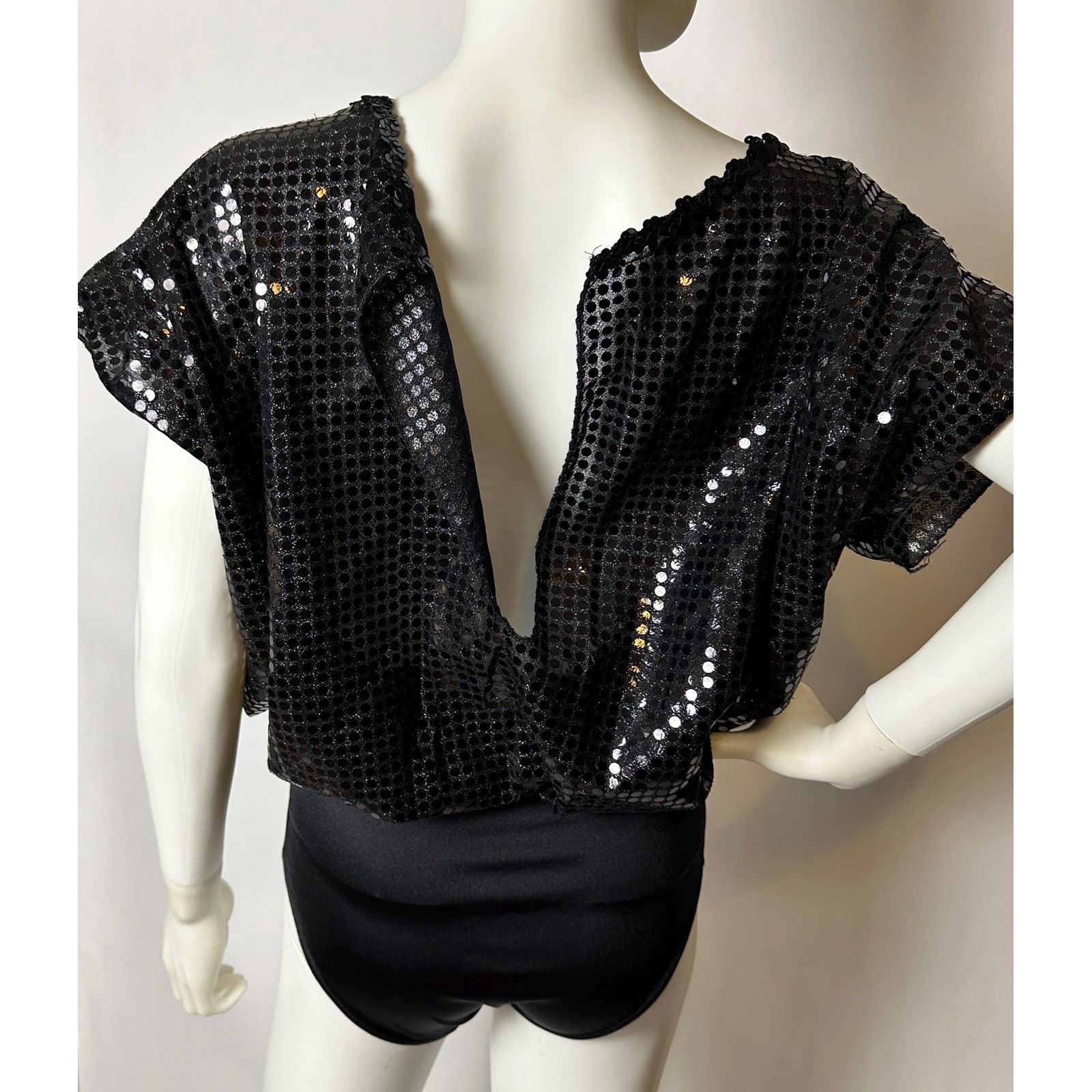 Vintage 80s women’s Dance costume leotard bodysuit Silver Black Squares XL