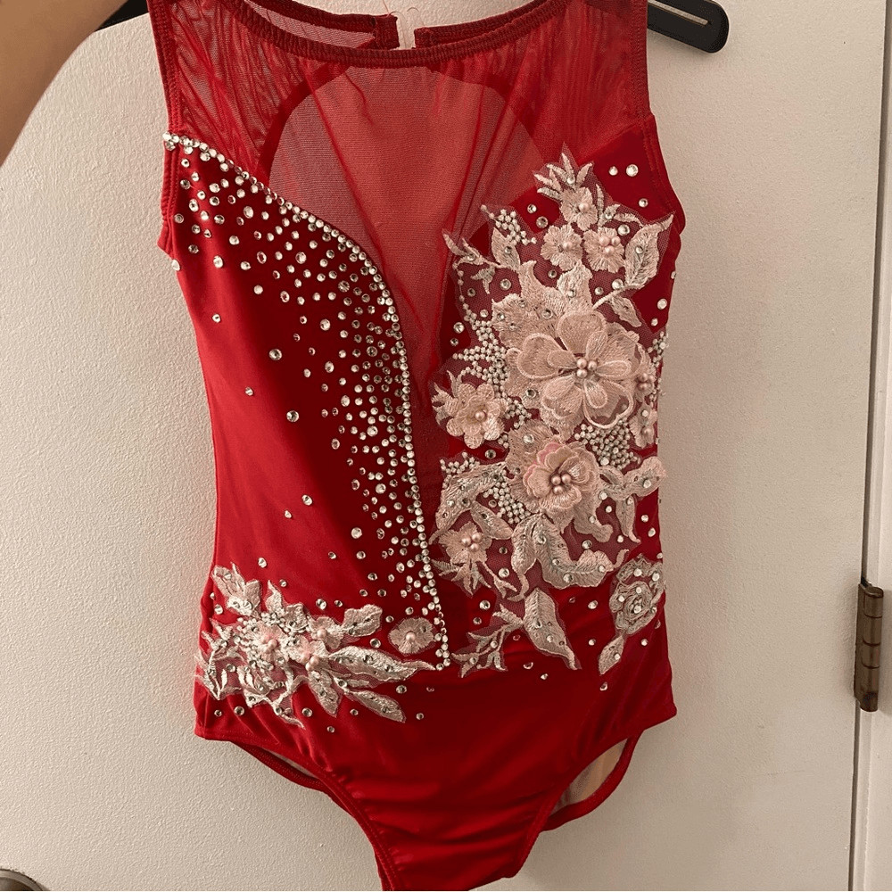 Ilogear Glamorous red custom solo dance costume leotard rhinestone mesh MA adult