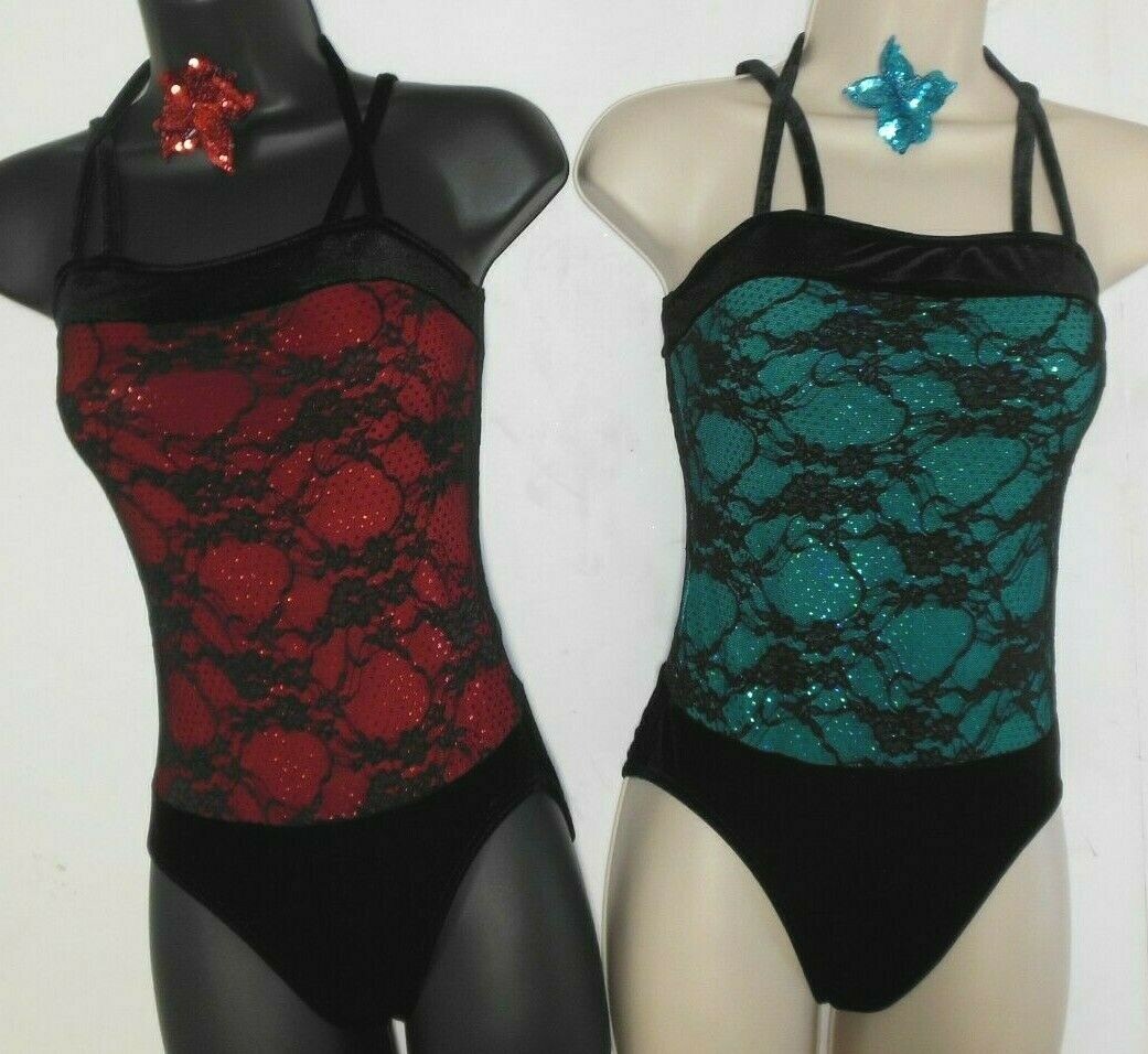 Lace over sequin Dance costume leotard Tap Jazz sparkle Velvet crisscross child