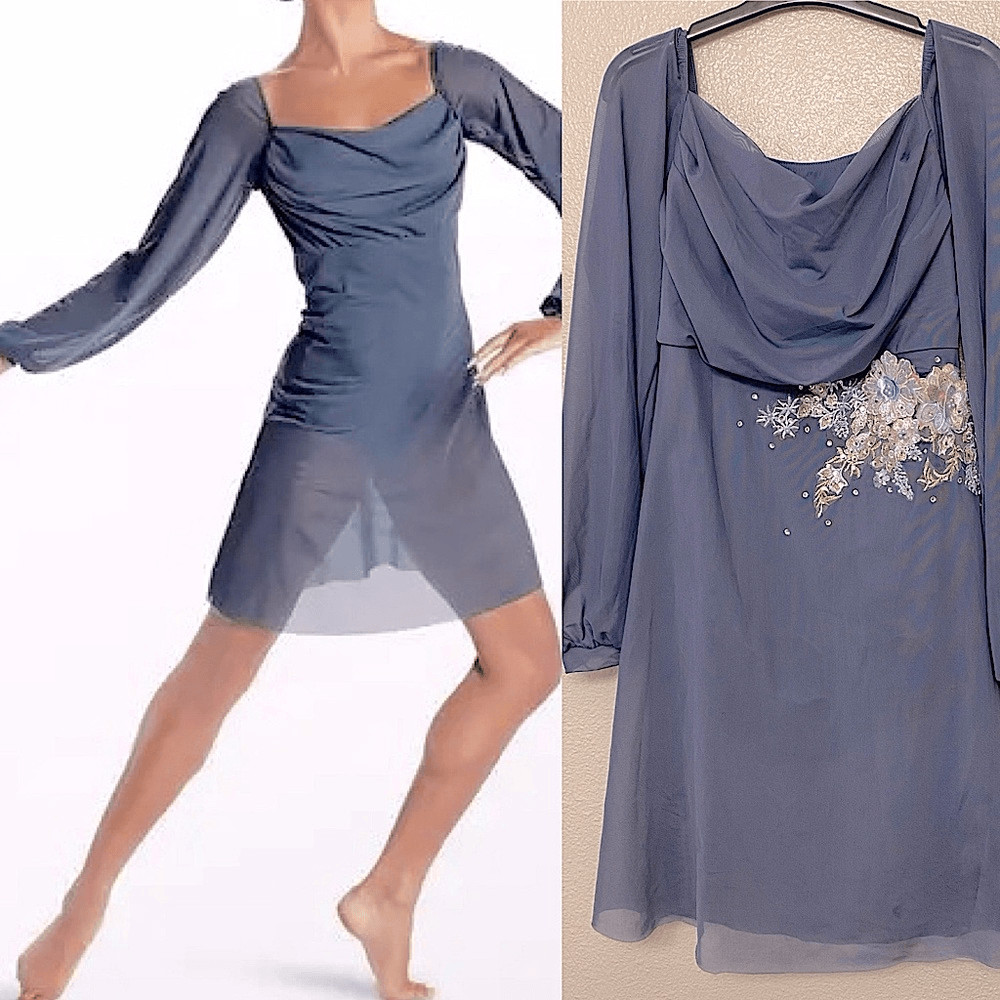 Weissman Balera solo custom Dance costume blue Mesh Poet Sleeve Dress 16384 MA