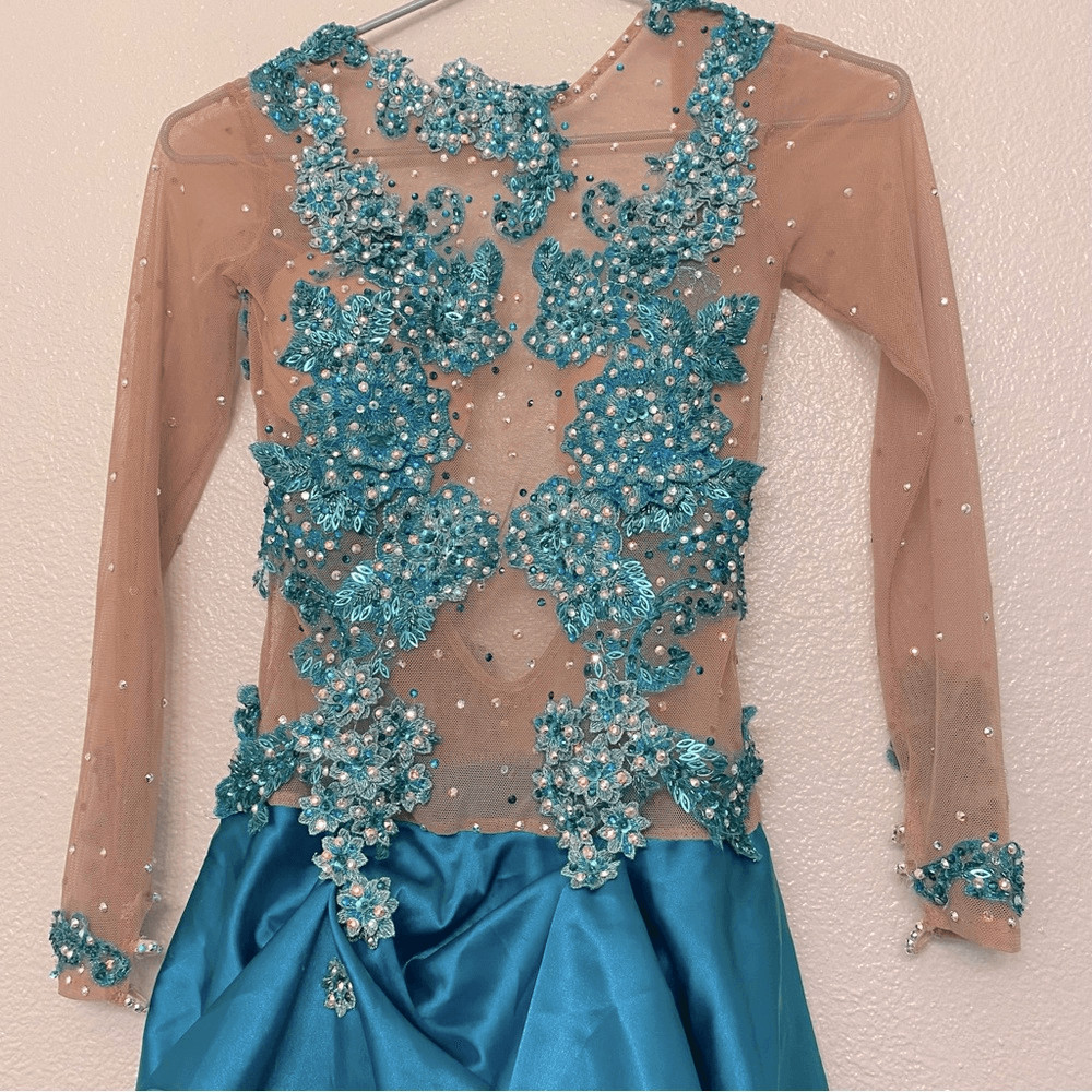 Custom solo dance costume leotard dress lyrical teal rhinestone embellished XSA