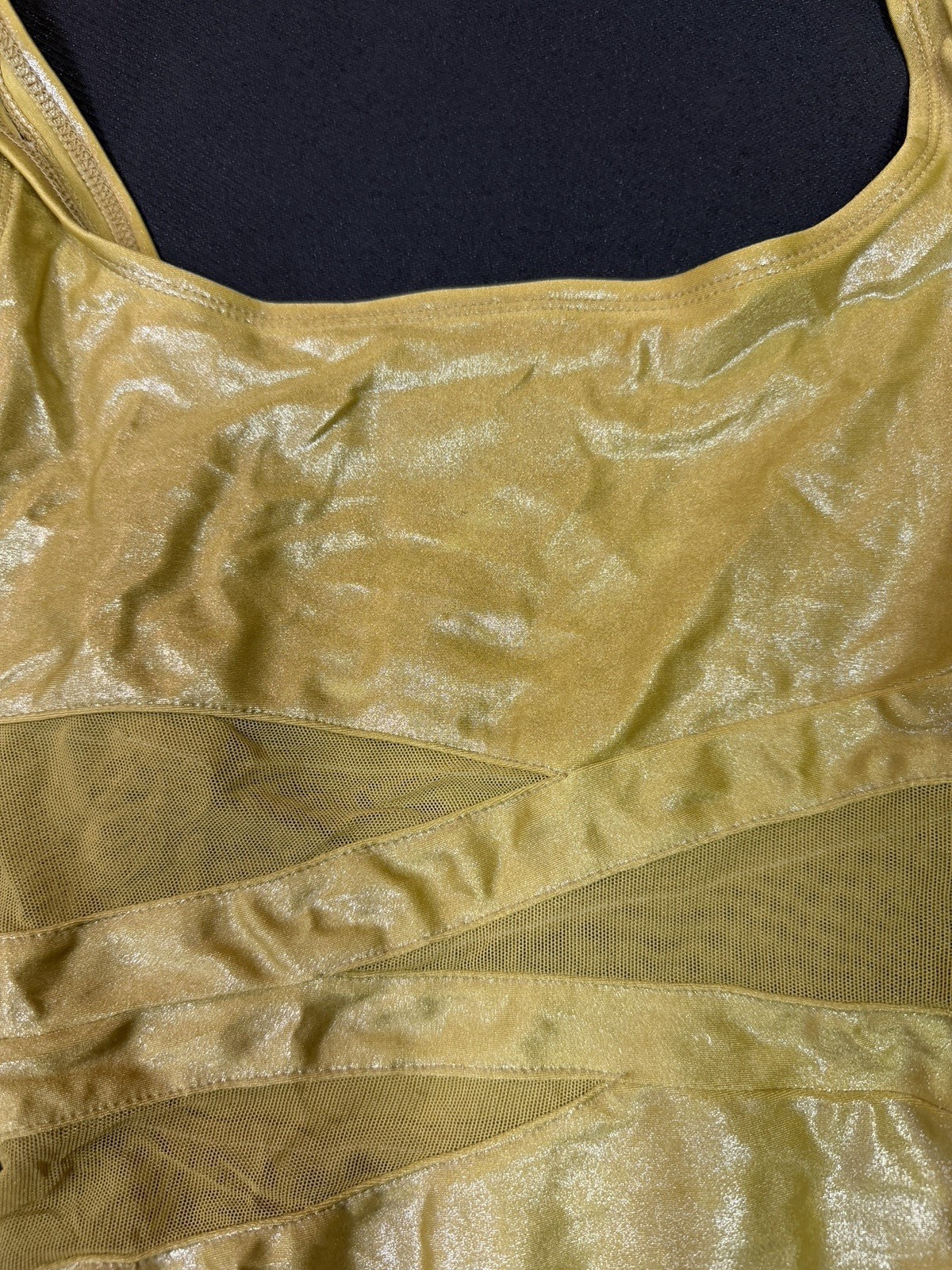 90s ANNE COLE Gold Shiny Aerobics Leotard Swimsuit HiCut Dance Jazzercise 12 GUC