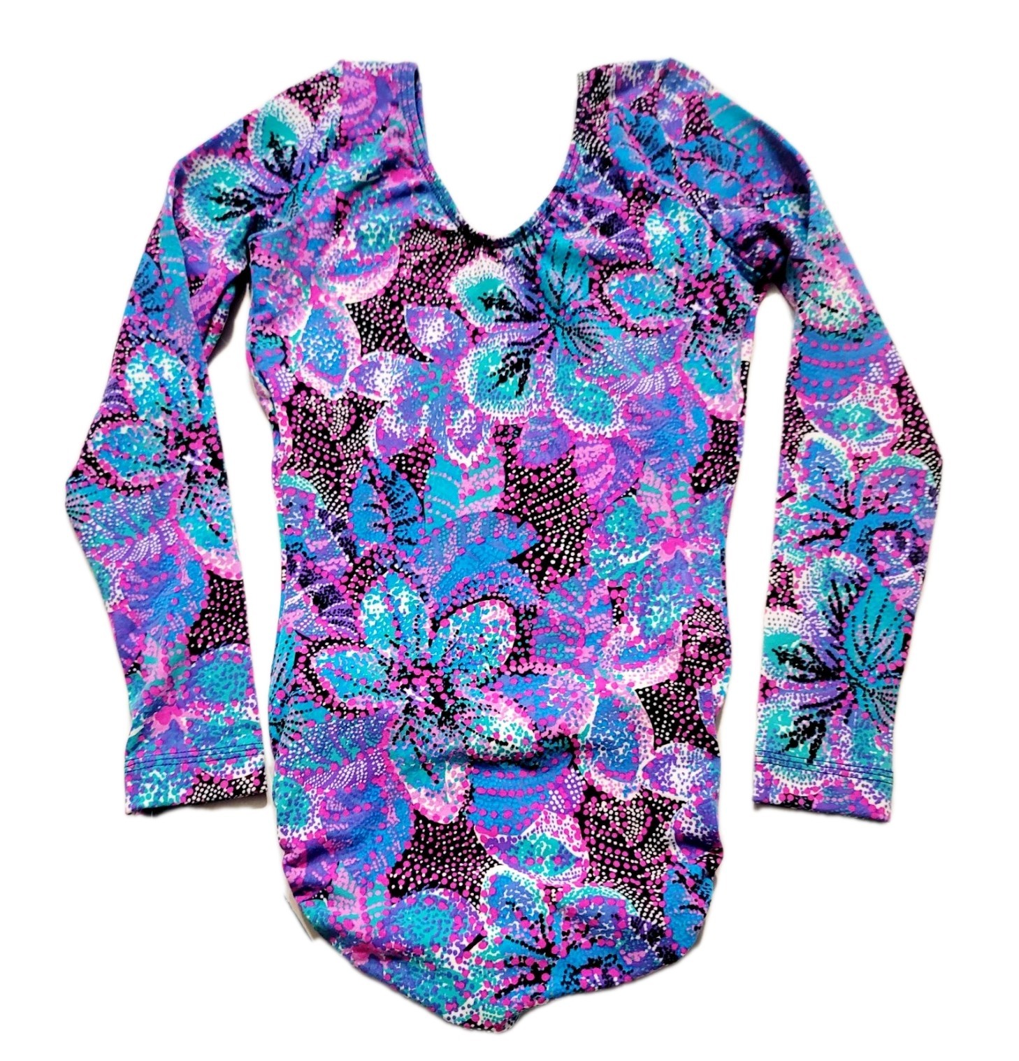 GK Elite VTG Vibrant Blue Pink Botanical Cotton LS Leotard Bodysuit AS Adult S