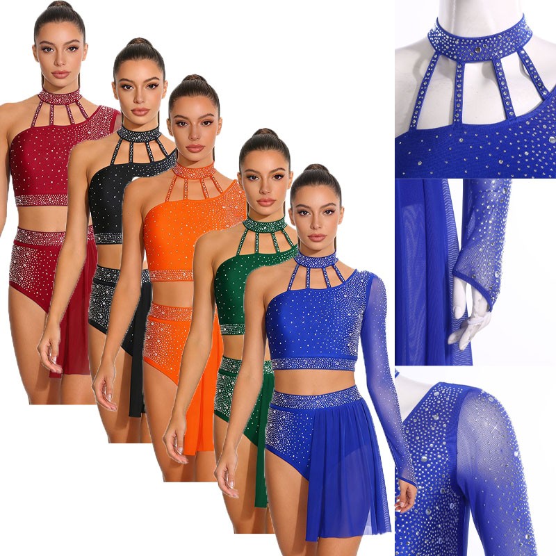 Womens Dancewear Costume Outfit Dance Dress Crop Top Asymmetrical Swing Latin