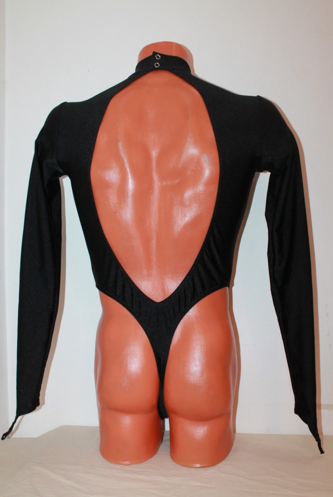 Men Thong Leotard 159-08 High Collar Open Front and Back Black Spandex Size M