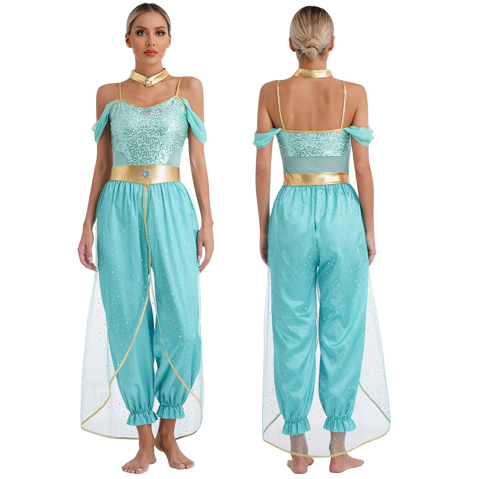 Women Arabian Princess Cosplay Costume Sequin Romper With Metallic Shiny Collar