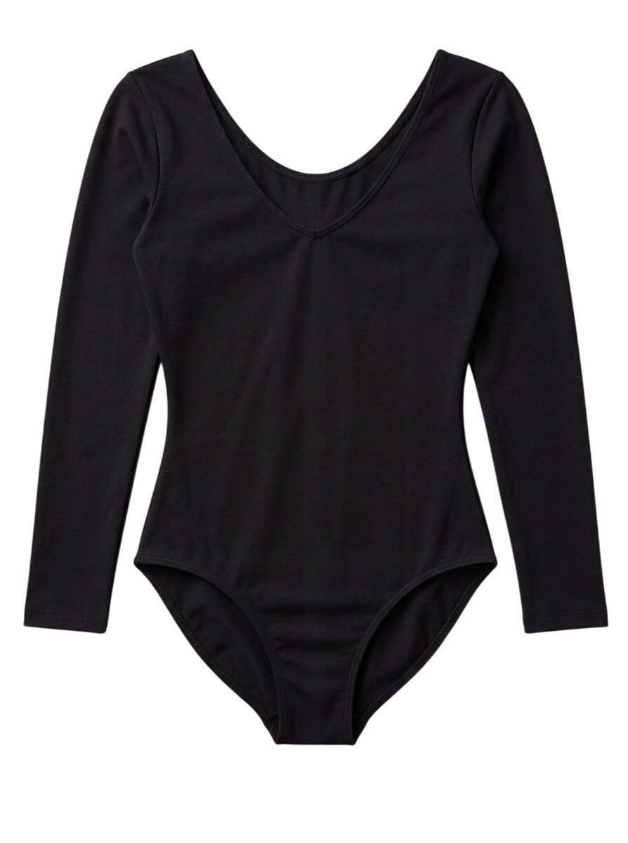 Adult Small Black Long Sleeve Leotard Scoop Neck Deadstock Made In USA