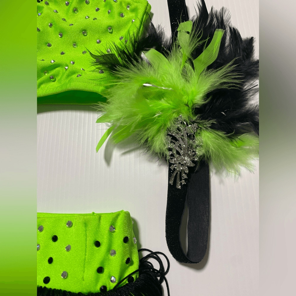 Glamour solo dance costume leotard neon green embellished rhinestoned SA adult