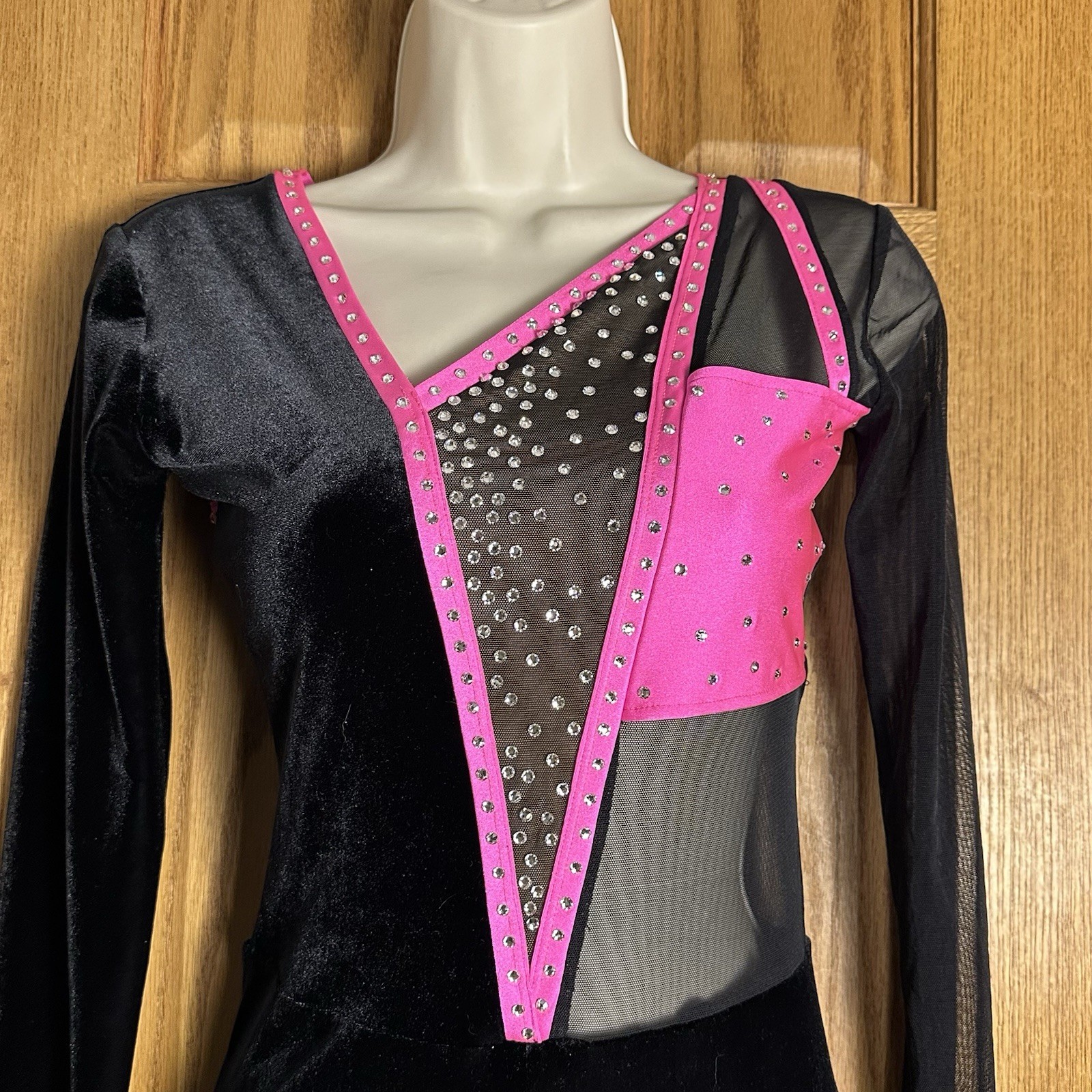 The Line Up Kaia Black Velvet Mesh Inserts Rhinestone Unitard Dance Costume SA
