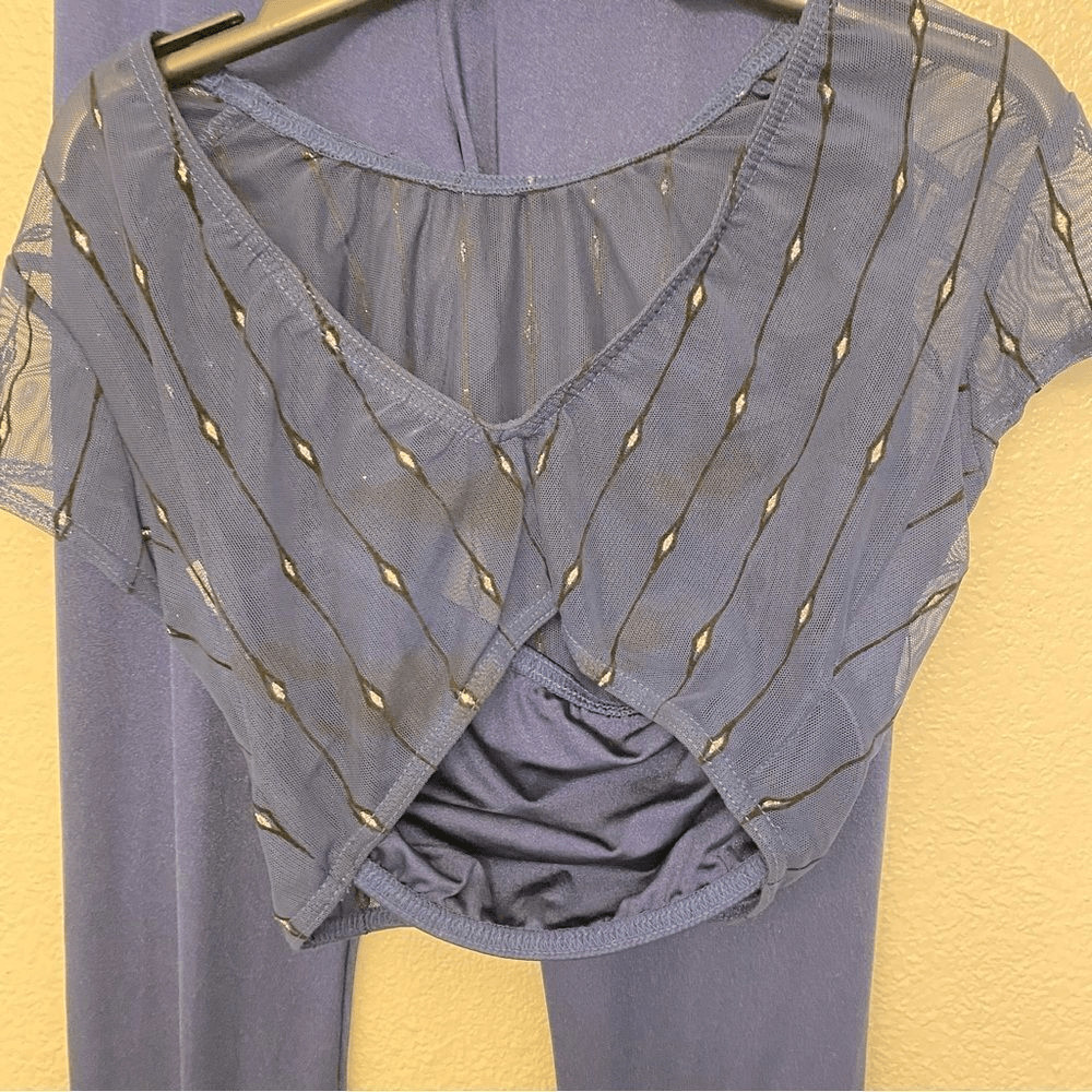 Kelle dance 2 piece blue mesh flocked crop top leggings pants light switch MA