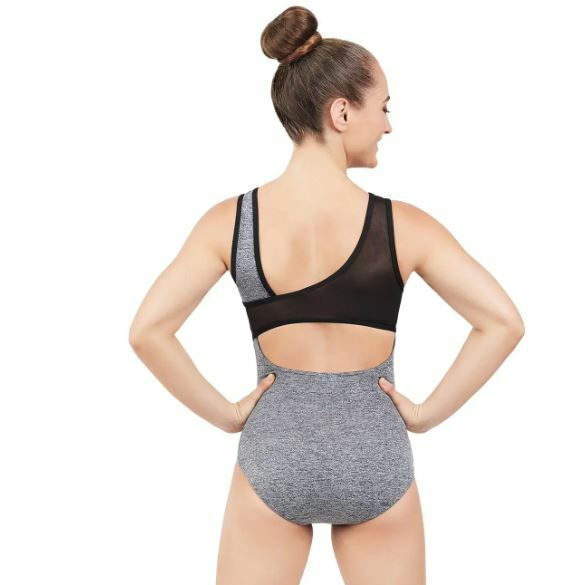 CAPEZIO Asymmetric geometric back StormySkies mesh insert tank leotard Ladies