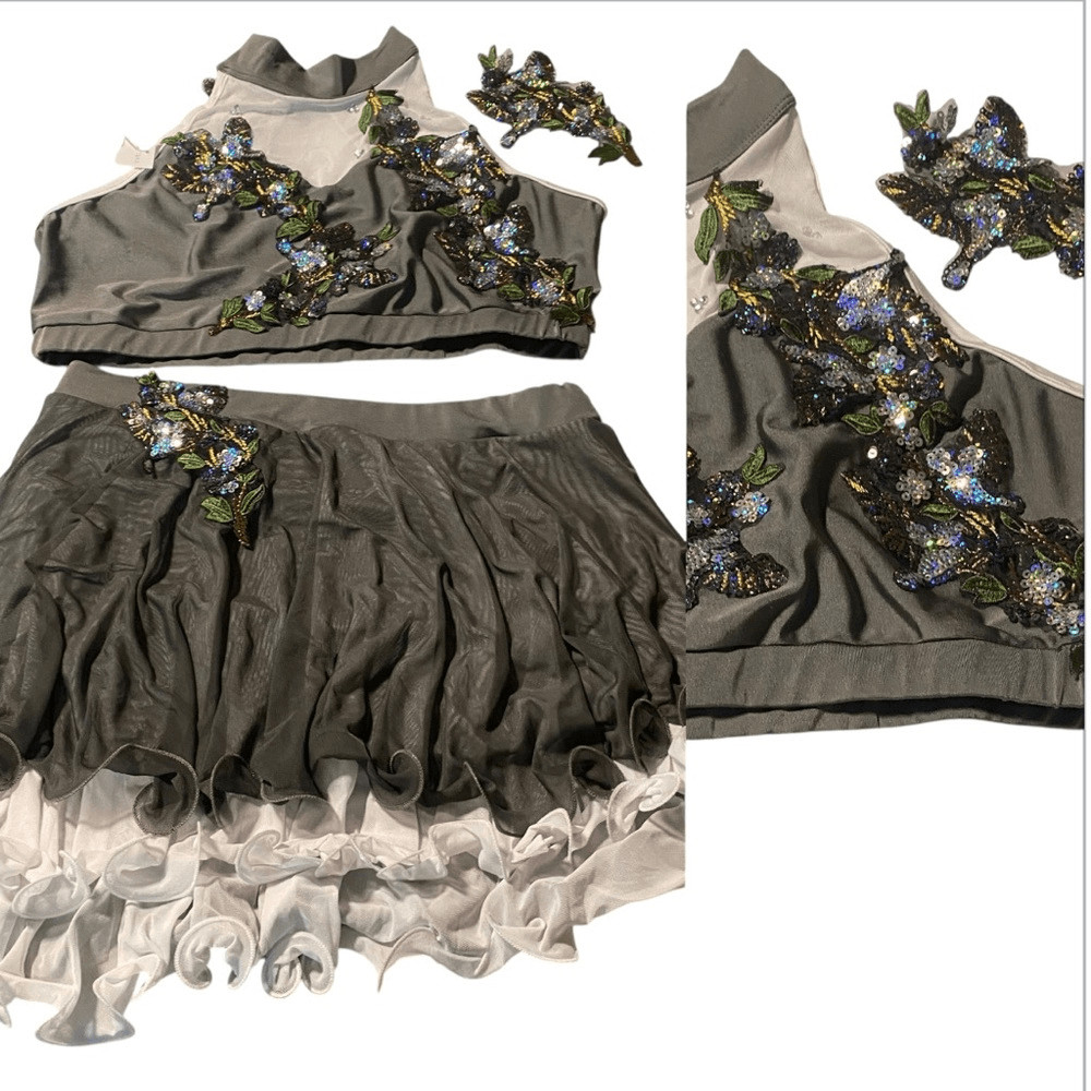 Glamour solo 2 piece dance costume gray lyrical embellished XLA XL adult