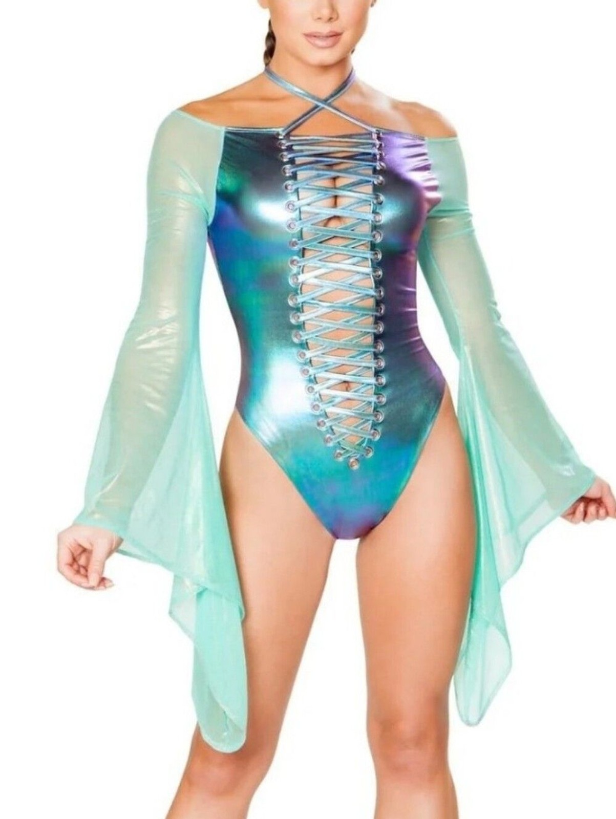 J. Valentine Metallic Iridescent Lace Up Rave Bodysuit Turquoise Green L/XL