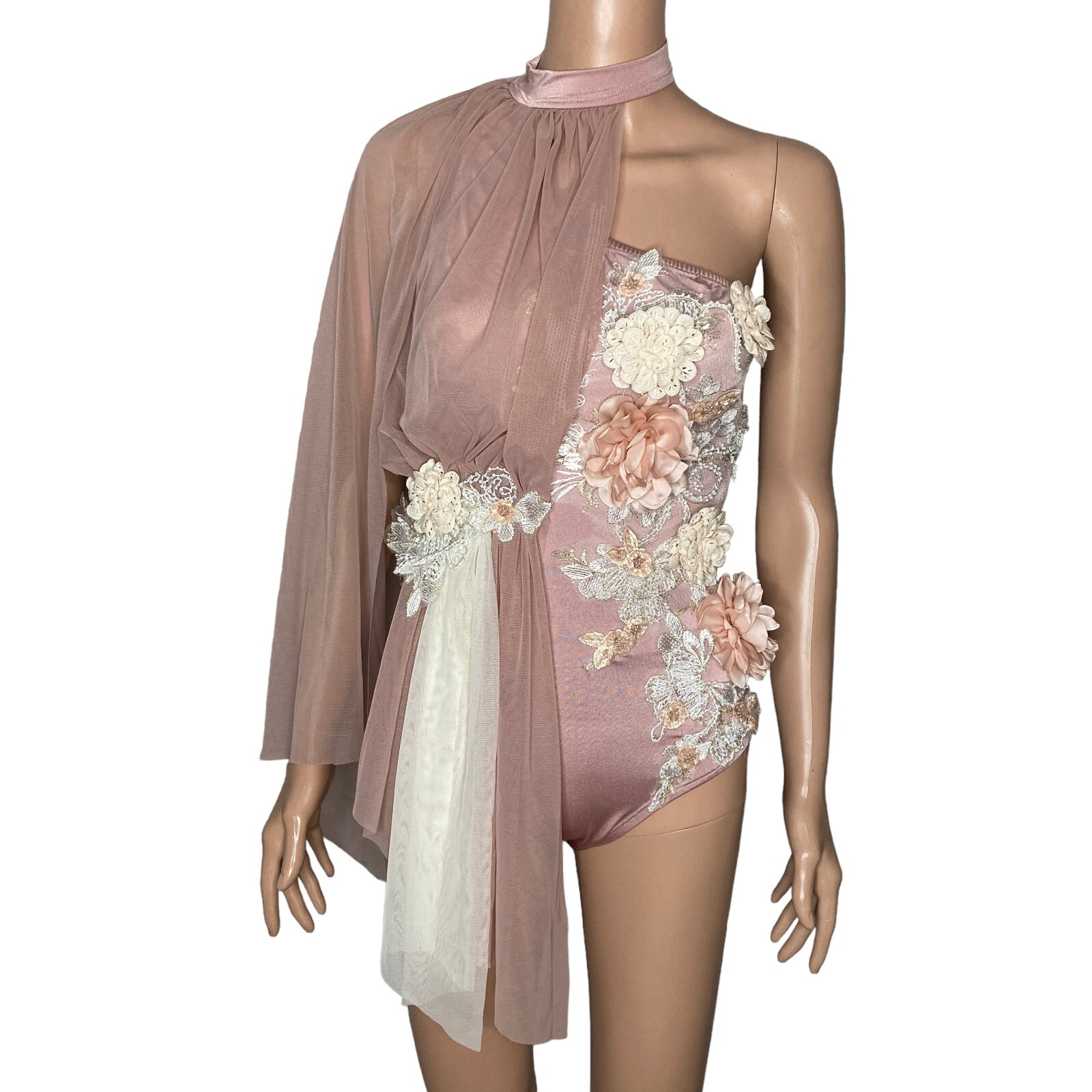 Meekelle Couture Collections Leotard Small Adult Pink White Floral Applique