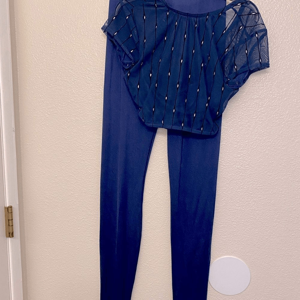 Kelle dance 2 piece blue mesh flocked crop top leggings pants light switch MA