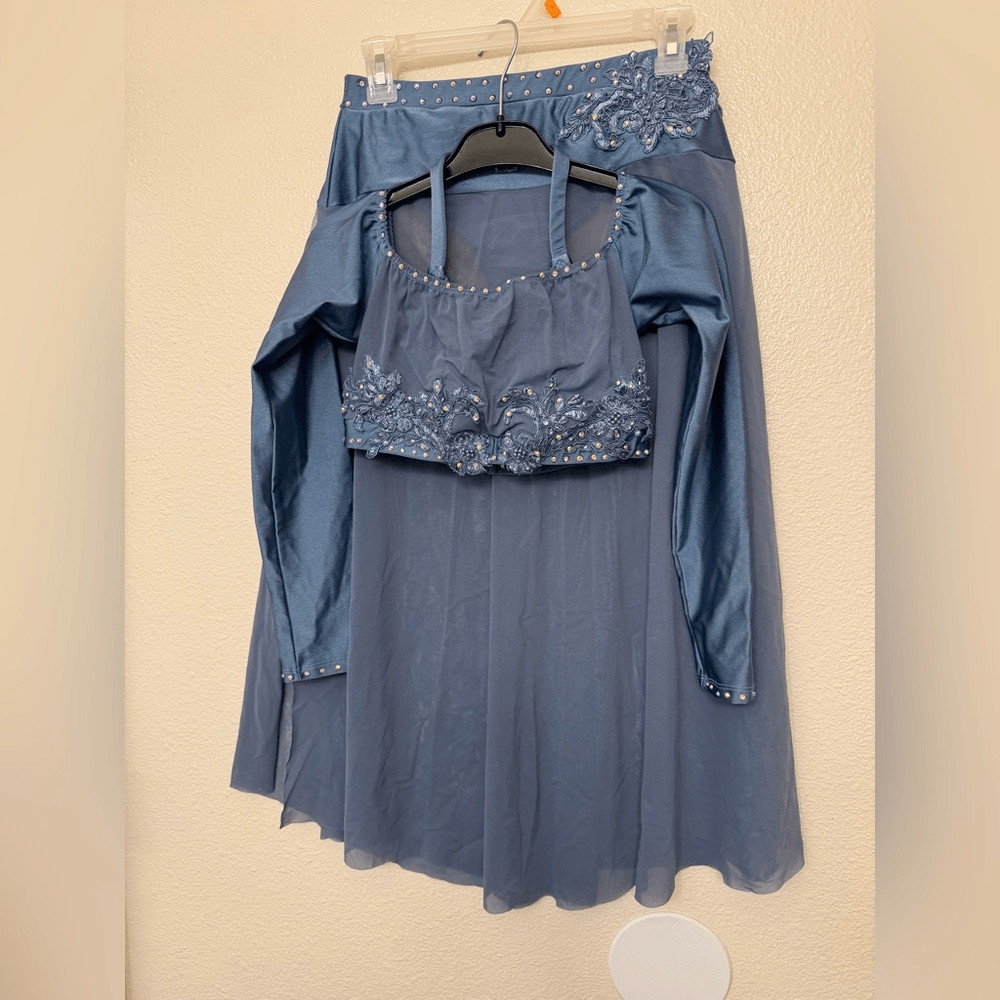 Custom solo dance costume 2 piece light blue long skirt SA-Small adult