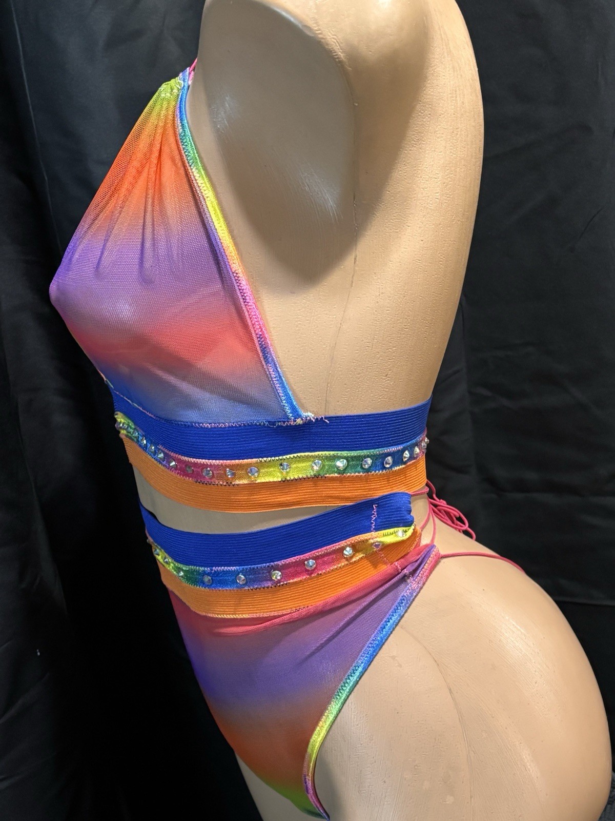 Two Piece Multi Colored Two Posh Sheer Mesh Set With Crystal Stones