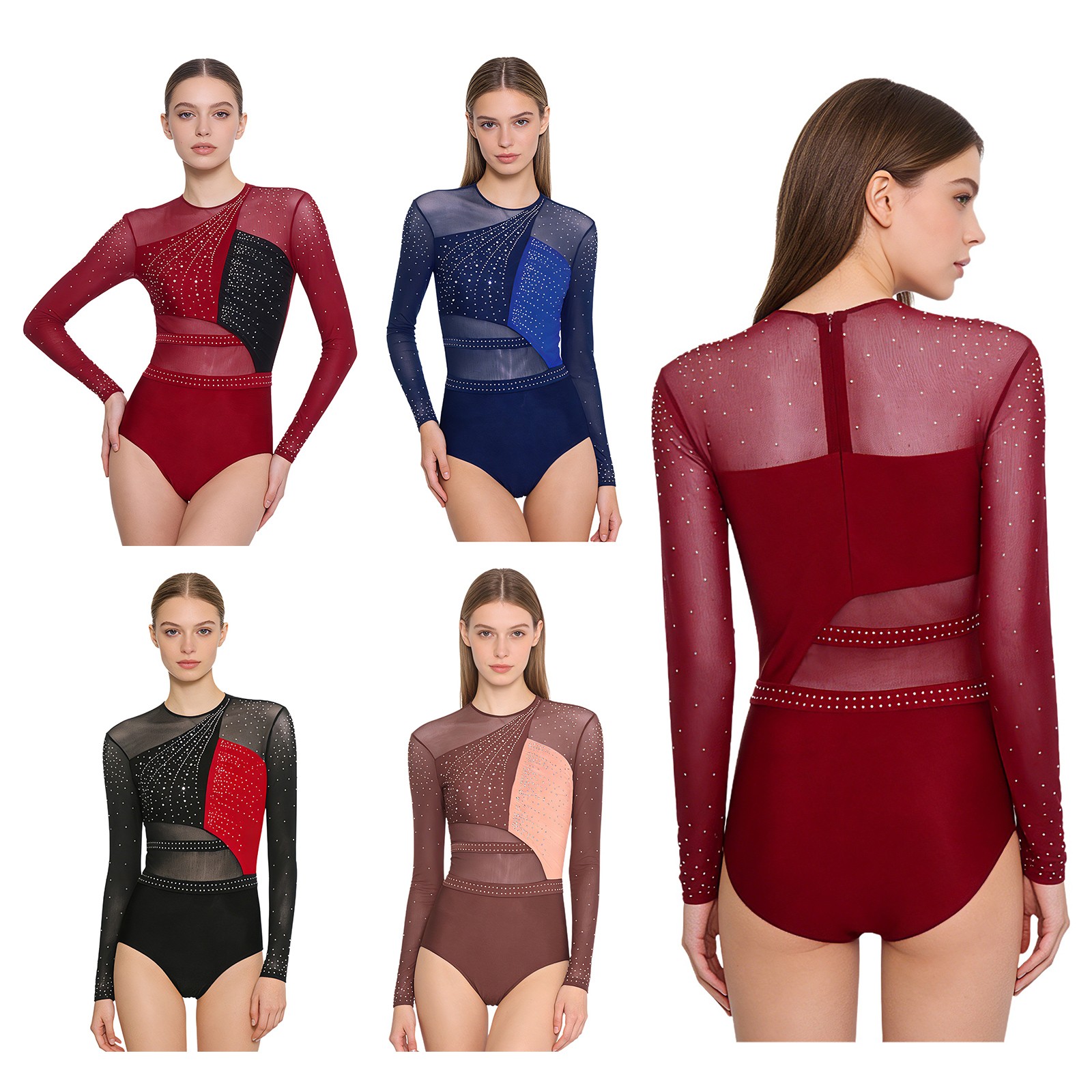 Women Gymnastic Jumpsuit Shiny Rhinestones Sheer Long Sleeve Color Block Leotard