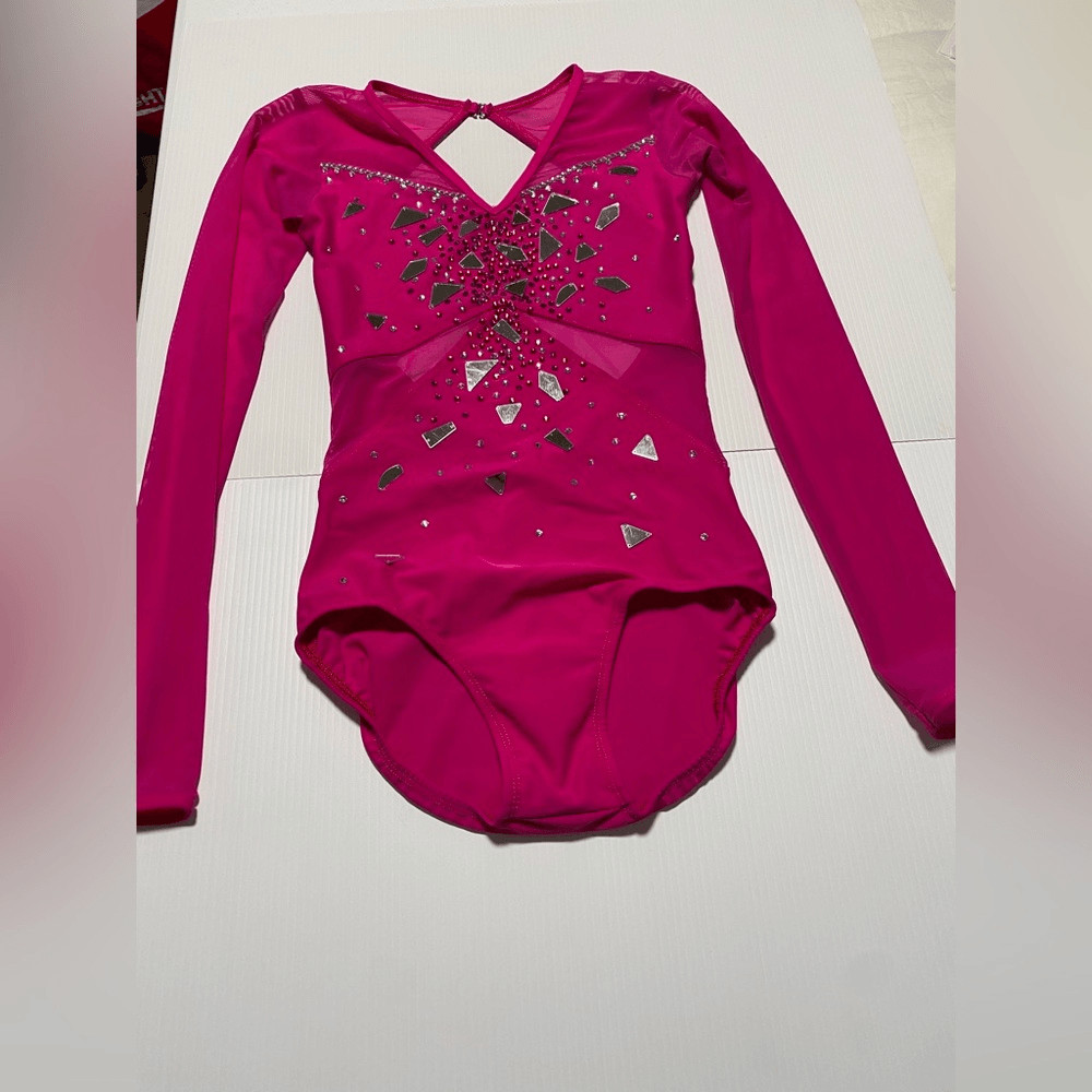 Custom made solo dance costume hot pink rhinestone long sleeve leotard XSA adult