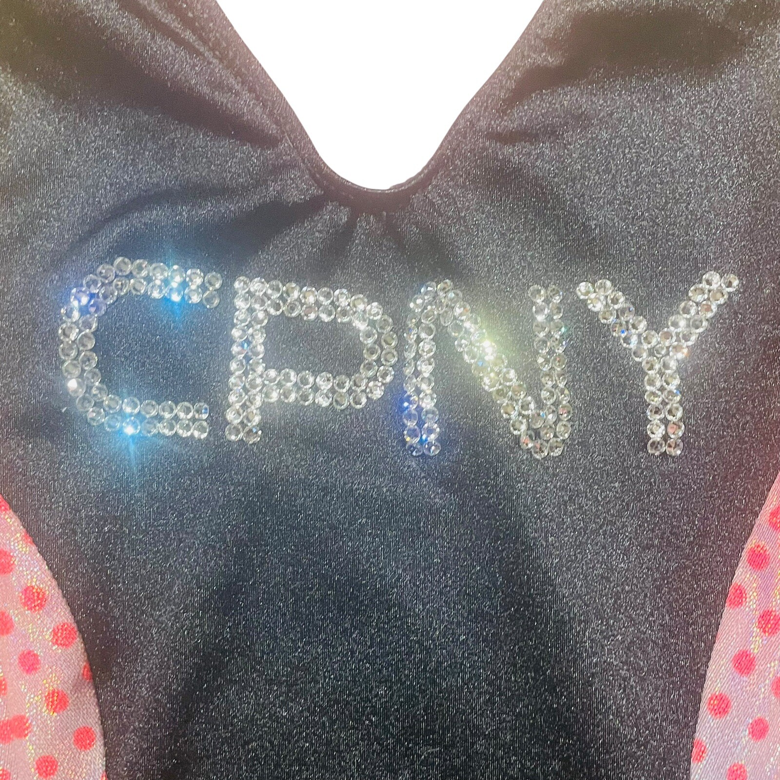GK Elite CPNY Rhinestone LEOTARD Gymnastics Dance Black Red Dots Adult S