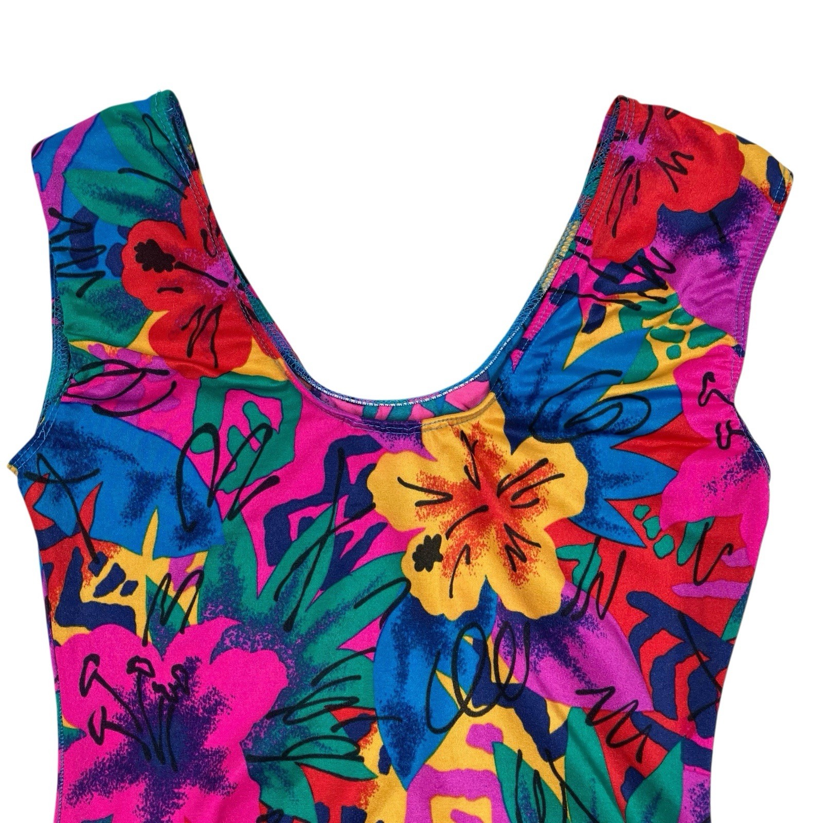 VTG 80s Stevi Brooks Colorful Floral One Piece Bodysuit Dance Leotard Size M