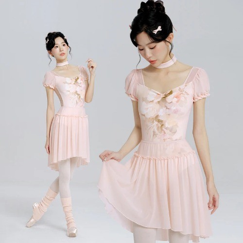 Woman Ballet Leotards Printed Dance Leotard Sleeve Ballet Elegant Mesh Splice