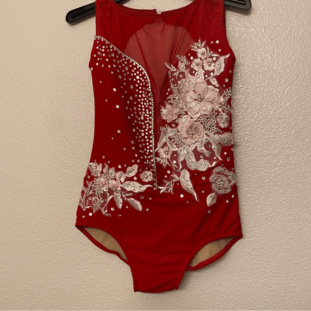Ilogear Glamorous red custom solo dance costume leotard rhinestone mesh MA adult