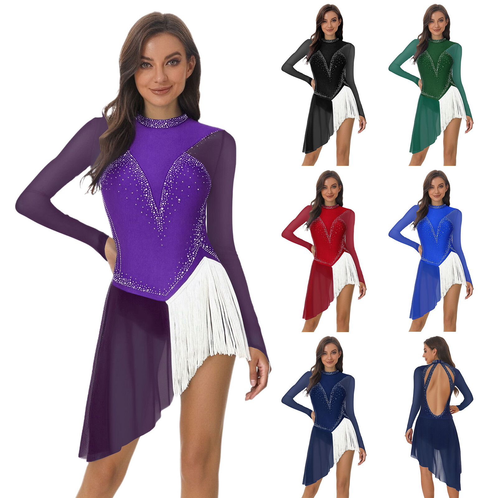 Womens Bodysuit Swing Dress Asymmetric Leotard Patchwork Rhinestone Irregular