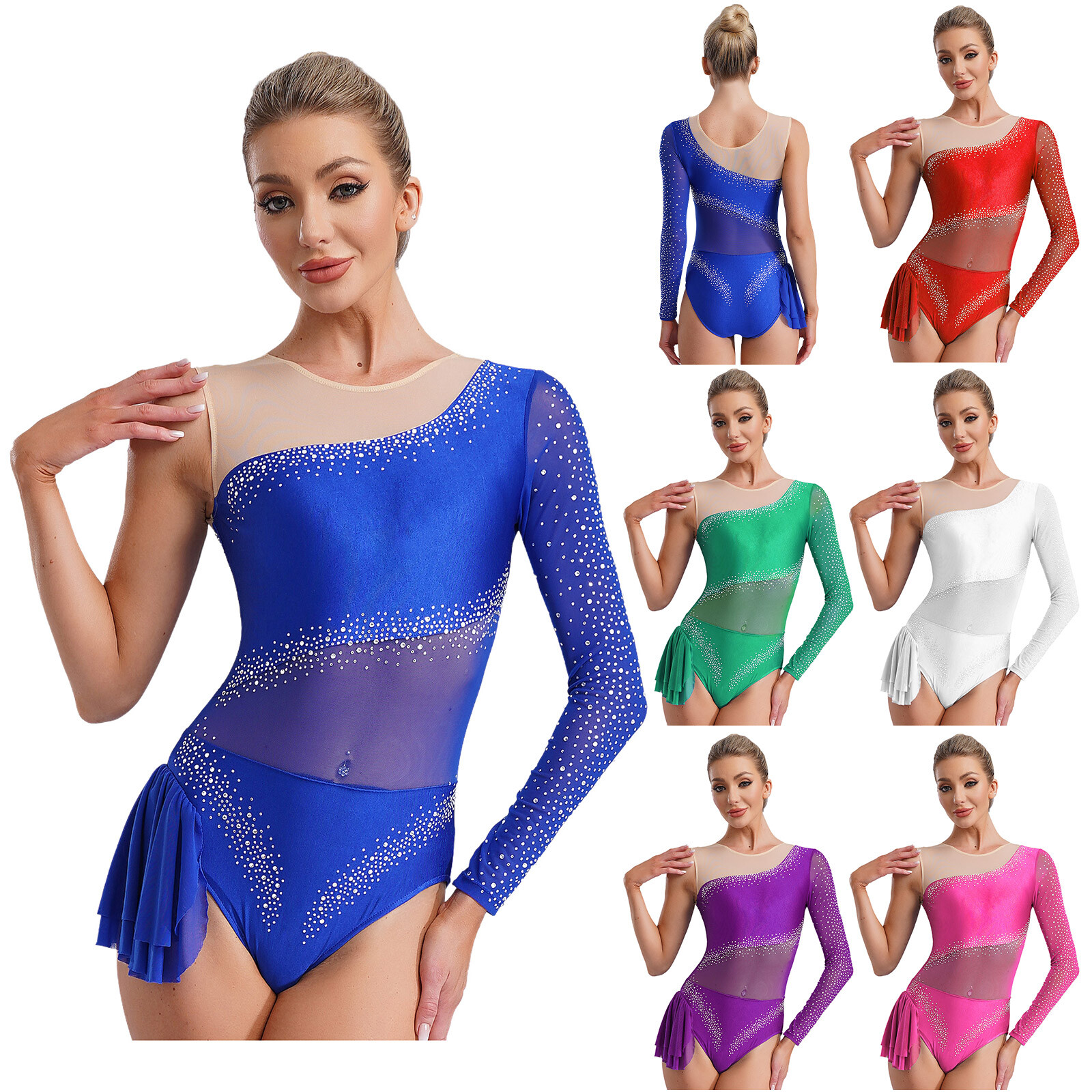 Women Bodysuit Tumbling Leotard Sparkle Costume Long Sleeve Dancewear Latin Top