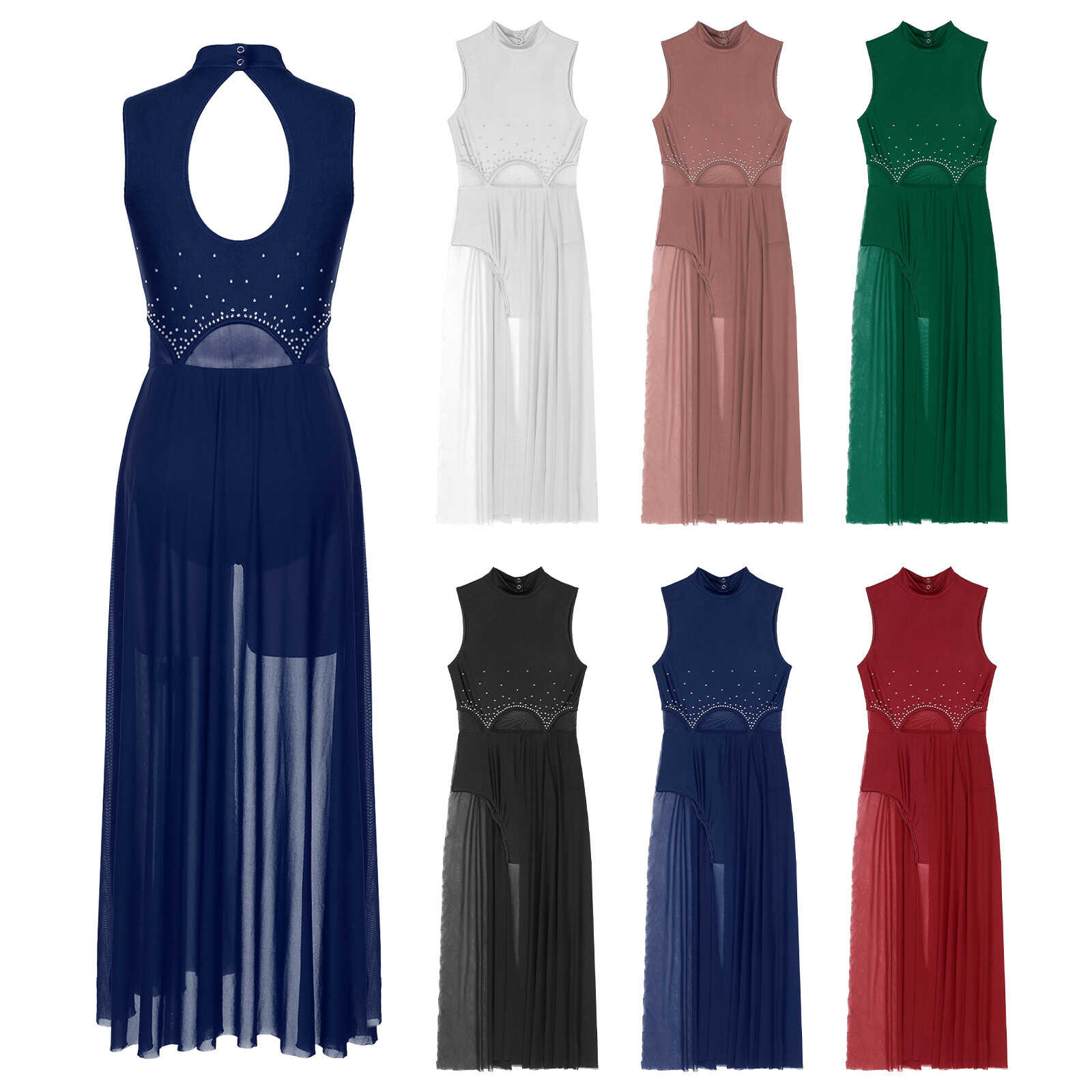 US Womens Leotard Patchwork Rhinestone Sleeveless Dress Party Dancewear Chiffon