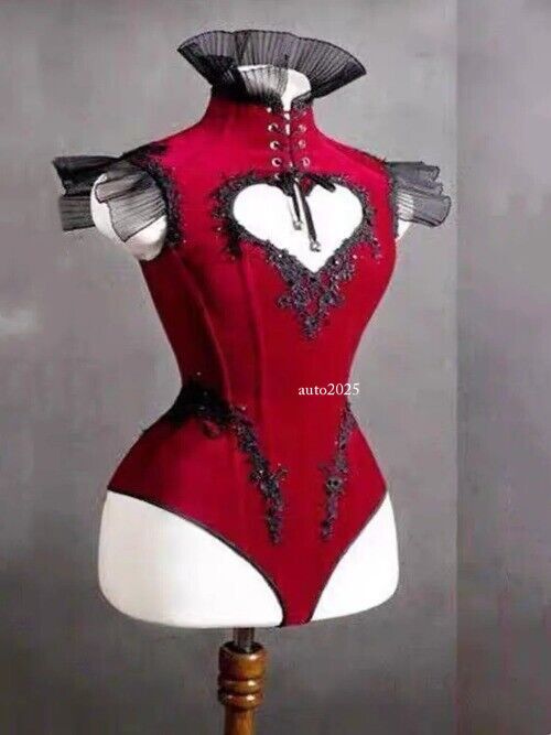 Vintage Red Heart Cutout Strap Bodysuit Gogo Costume Dancer Jazz Dance Leotard